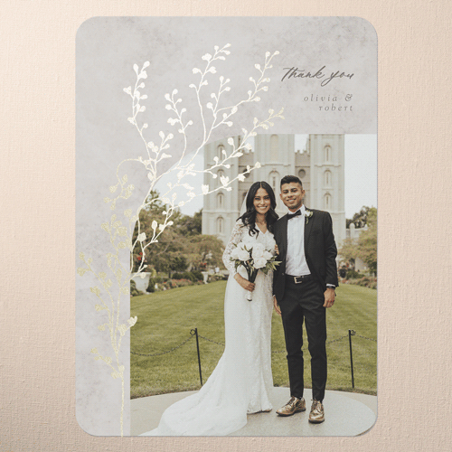 Beaming Branch Wedding Thank You Card, Gray, Gold Foil, 5x7 Flat, Pearl Shimmer Cardstock, Rounded, Gray