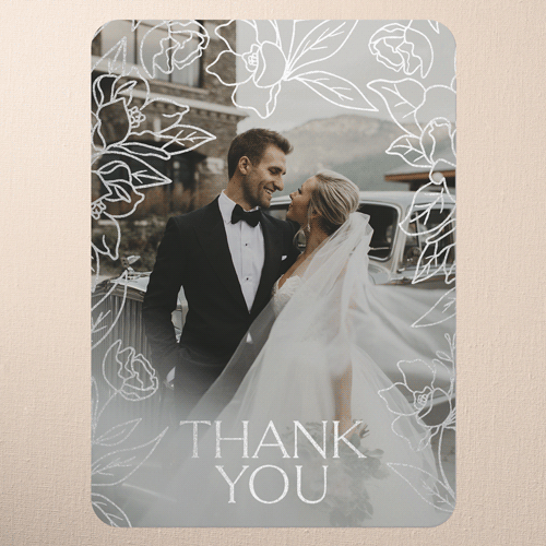 Floral Fantasy Wedding Thank You Card, Beige, Silver Foil, 5x7 Flat, Pearl Shimmer Cardstock, Rounded, Cream