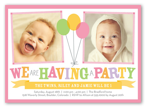 Bright Balloons Twin Birthday Invitation, Pink, Standard Smooth Cardstock, Square, Poppy