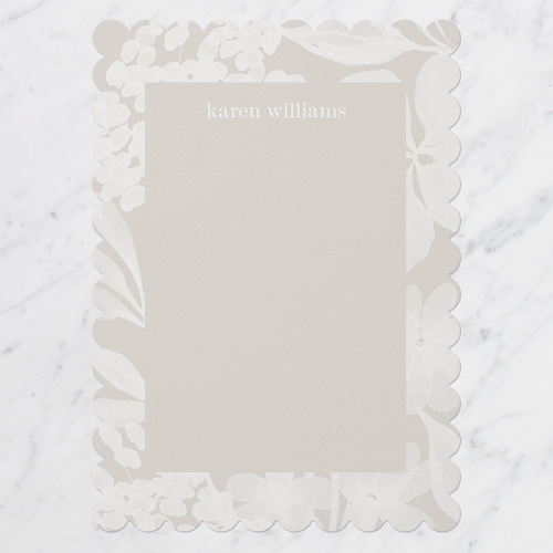 Floral Mark Personal Stationery, Beige, 5x7 Flat, Pearl Shimmer Cardstock, Scallop