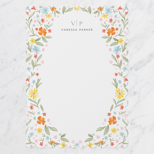 Micro Florals Personal Stationery, White, 5x7 Flat, Pearl Shimmer Cardstock, Scallop