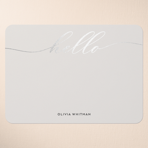 Swept Hello Personal Stationery, Grey, Silver Foil, 5x7 Flat, Pearl Shimmer Cardstock, Rounded