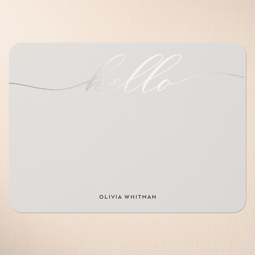 Swept Hello Personal Stationery, Grey, Silver Foil, 5x7 Flat, Pearl Shimmer Cardstock, Rounded, Whisper Gray