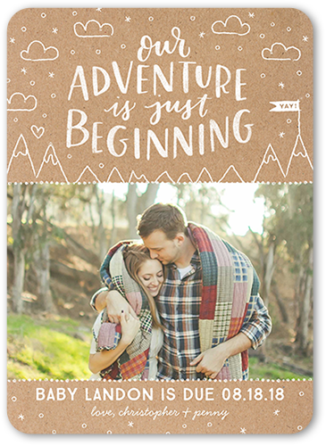 Adventure Begins Pregnancy Announcement, Beige, Pearl Shimmer Cardstock, Rounded