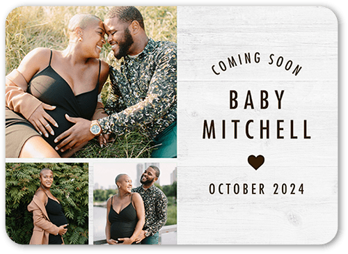 Coming Shortly Pregnancy Announcement, White, 5x7 Flat, Pearl Shimmer Cardstock, Rounded