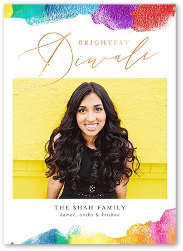 Brightly Brushed Diwali Card, White, 5x7 Flat, Pearl Shimmer Cardstock, Square