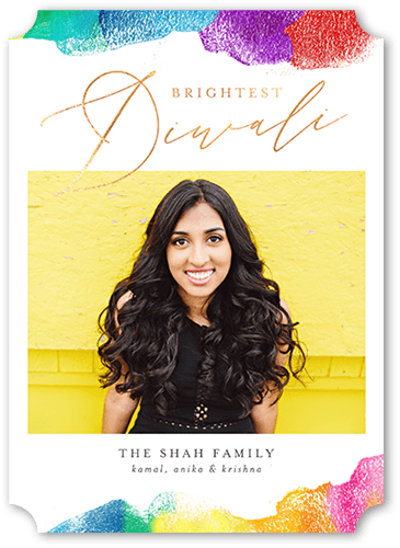 Brightly Brushed Diwali Card, White, 5x7 Flat, Pearl Shimmer Cardstock, Ticket