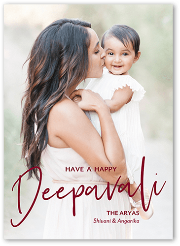 Deepavali Diwali Card, Red, 5x7 Flat, Pearl Shimmer Cardstock, Square, Cabernet