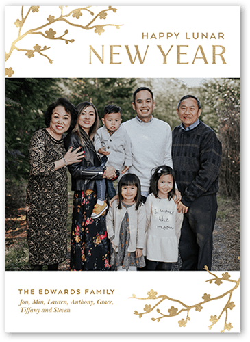 Blossoms Corner Lunar New Year Card, White, 5x7 Flat, Pearl Shimmer Cardstock, Square, White