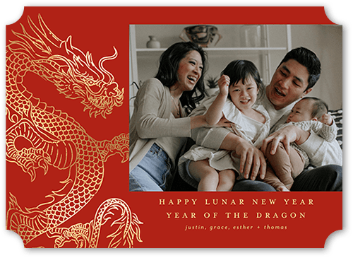 Dragon New Year Lunar New Year Card, Red, 5x7, Pearl Shimmer Cardstock, Ticket