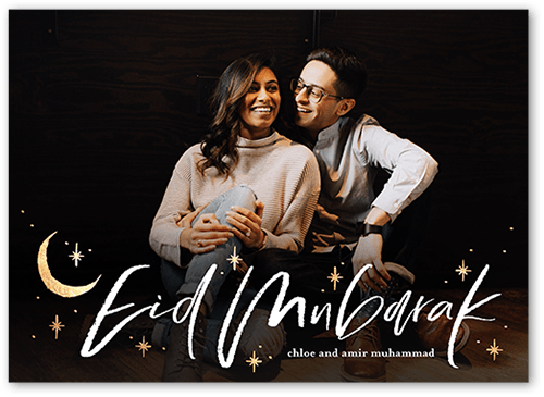 Moon Stars Eid Card, White, 5x7 Flat, Pearl Shimmer Cardstock, Square