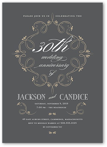 Scintillating Swirls Wedding Anniversary Invitation, Grey, 5x7 Flat, Pearl Shimmer Cardstock, Square