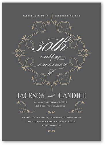 Scintillating Swirls Wedding Anniversary Invitation, Grey, 5x7 Flat, Standard Smooth Cardstock, Square