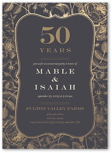 Filigree Flowers Wedding Anniversary Invitation, Grey, 5x7 Flat, Standard Smooth Cardstock, Square