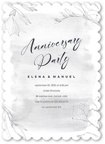 Blossoming Outline Wedding Anniversary Invitation, Grey, 5x7, Pearl Shimmer Cardstock, Scallop