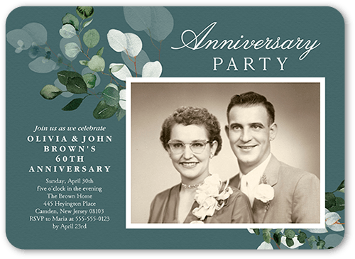 Botanical Balance Wedding Anniversary Invitation, Grey, 5x7 Flat, Pearl Shimmer Cardstock, Rounded, White