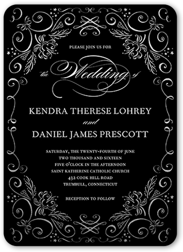 Whimsical Scrolls Wedding Invitation, Black, Matte, Signature Smooth Cardstock, Rounded