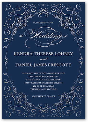 Whimsical Scrolls Wedding Invitation, Blue, Pearl Shimmer Cardstock, Square