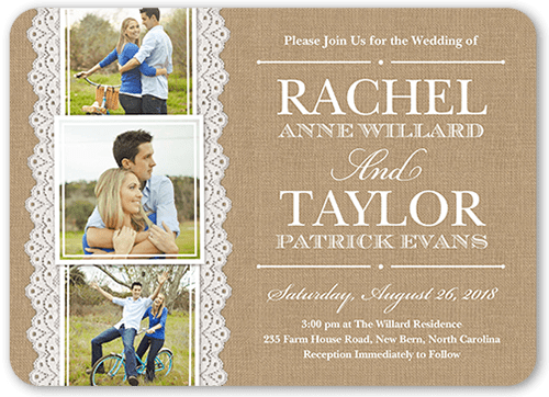 Burlap And Lace Wedding Invitation, Beige, Standard Smooth Cardstock, Rounded