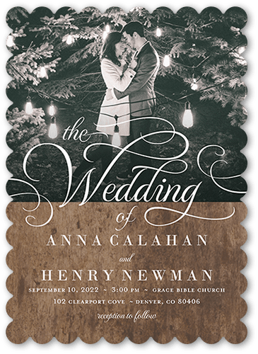 Classic Calligraphy Wedding Invitation, Brown, 5x7 Flat, Pearl Shimmer Cardstock, Scallop, White