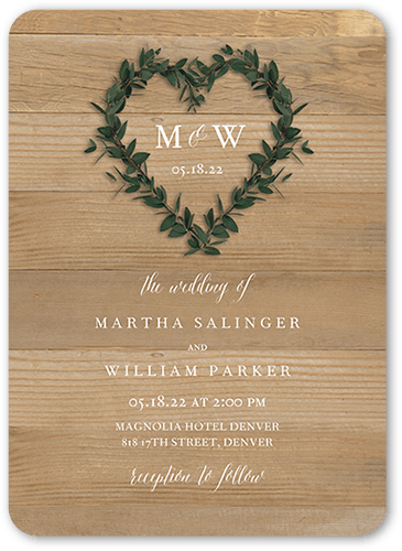 Heart Wreath Wedding Invitation, Beige, 5x7 Flat, Standard Smooth Cardstock, Rounded