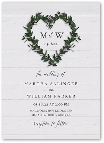Heart Wreath Wedding Invitation, White, 5x7 Flat, Matte, Signature Smooth Cardstock, Square