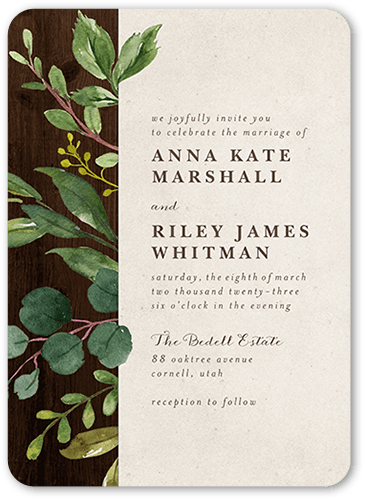 Woodgrain Floral Wedding Invitation, Brown, 5x7 Flat, Pearl Shimmer Cardstock, Rounded