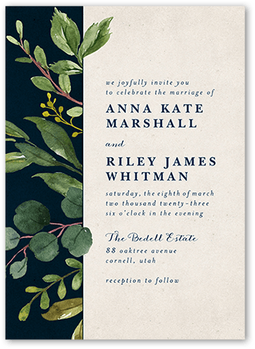 Woodgrain Floral Wedding Invitation, Blue, 5x7 Flat, Luxe Double-Thick Cardstock, Square