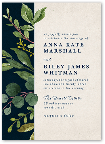 Woodgrain Floral Wedding Invitation, Blue, 5x7 Flat, Pearl Shimmer Cardstock, Square