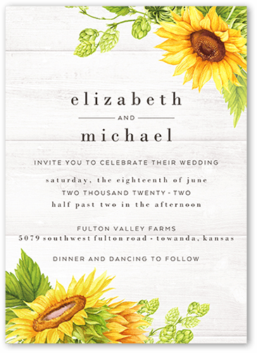 Bright Sunflower Wedding Invitation, White, 5x7 Flat, Standard Smooth Cardstock, Square