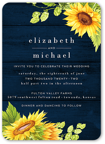 Bright Sunflower Wedding Invitation, Blue, 5x7, Pearl Shimmer Cardstock, Rounded