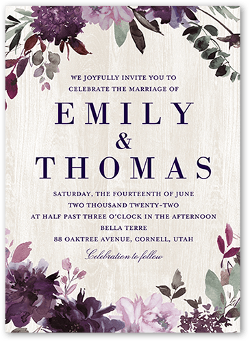 Muted Floral Wedding Invitation, Purple, 5x7, Luxe Double-Thick Cardstock, Square