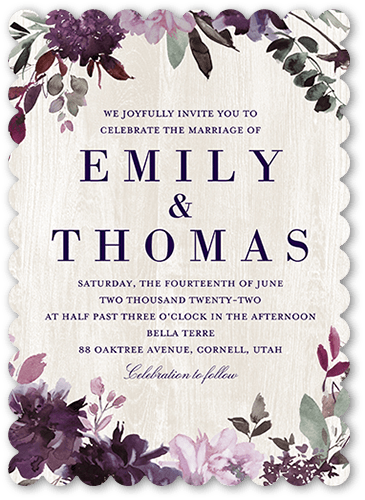 Muted Floral Wedding Invitation, Purple, 5x7, Matte, Signature Smooth Cardstock, Scallop