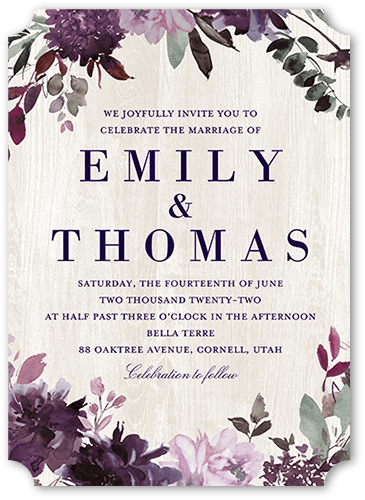 Muted Floral Wedding Invitation, Purple, 5x7, Matte, Signature Smooth Cardstock, Ticket