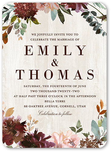 Muted Floral Wedding Invitation, Red, 5x7 Flat, Matte, Signature Smooth Cardstock, Rounded