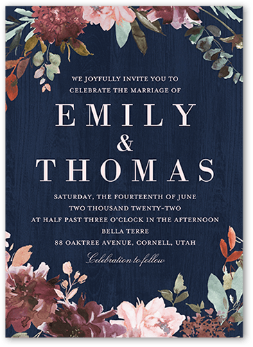 Muted Floral Wedding Invitation, Blue, 5x7 Flat, Pearl Shimmer Cardstock, Square