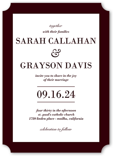Purely Classic Wedding Invitation, Red, 5x7 Flat, Pearl Shimmer Cardstock, Ticket