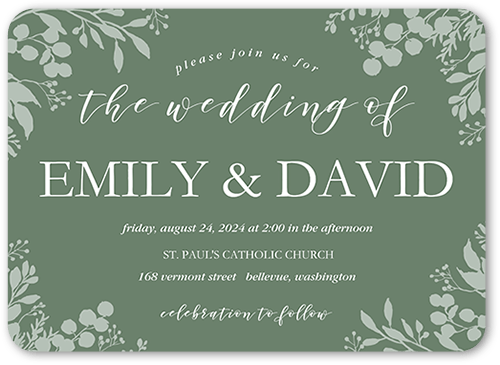 Botanical Edge Wedding Invitation, Green, 5x7 Flat, Standard Smooth Cardstock, Rounded, White