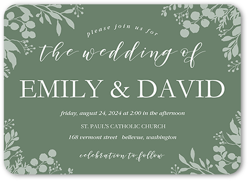 Botanical Edge Wedding Invitation, Green, 5x7 Flat, Standard Smooth Cardstock, Rounded, Rosemary
