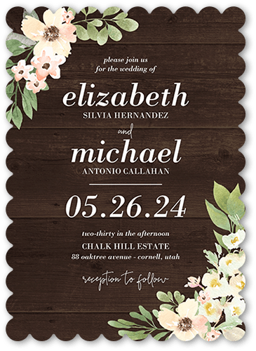Old Fashioned Floral Wedding Invitation, Brown, 5x7, Matte, Signature Smooth Cardstock, Scallop