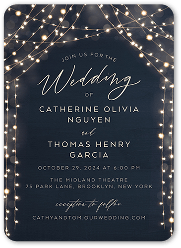 Twinkling Curtain Wedding Invitation, Blue, 5x7, Pearl Shimmer Cardstock, Rounded