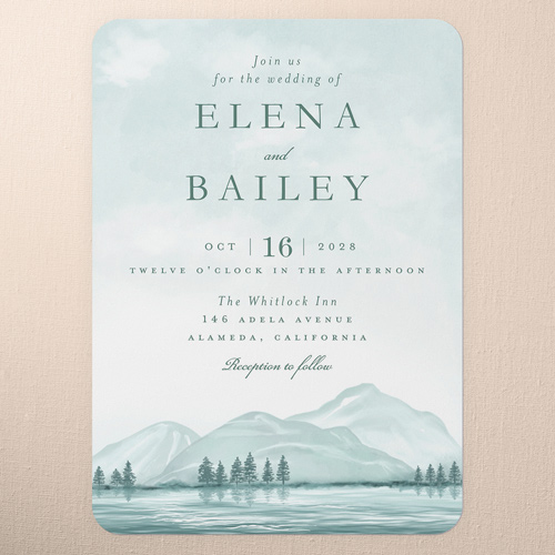 Misty Mountains Wedding Invitation, Grey, 5x7 Flat, Pearl Shimmer Cardstock, Rounded, Hemlock