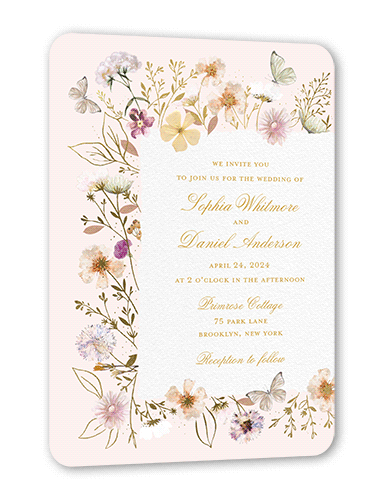 Fairy Tale Wedding Wedding Invitation, Gold Foil, Pink, 5x7 Flat, Matte, Signature Smooth Cardstock, Rounded, Chenille