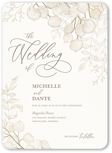 Quiet Sprigs Wedding Invitation, Grey, 5x7 Flat, Pearl Shimmer Cardstock, Rounded