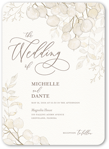 Quiet Sprigs Wedding Invitation, Grey, 5x7 Flat, Standard Smooth Cardstock, Rounded, Whisper Gray