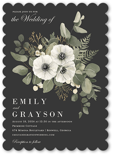 Emerging Floral Wedding Invitation, Grey, 5x7, Matte, Signature Smooth Cardstock, Scallop