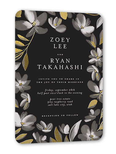 Whispy Florals Wedding Invitation, Gold Foil, Grey, 5x7 Flat, Pearl Shimmer Cardstock, Rounded