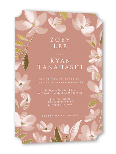 Whispy Florals Wedding Invitation, Pink, Gold Foil, 5x7, Pearl Shimmer Cardstock, Ticket