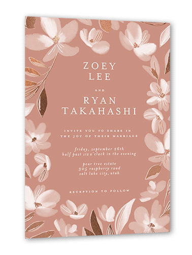 Whispy Florals Wedding Invitation, Pink, Rose Gold Foil, 5x7 Flat, Pearl Shimmer Cardstock, Square