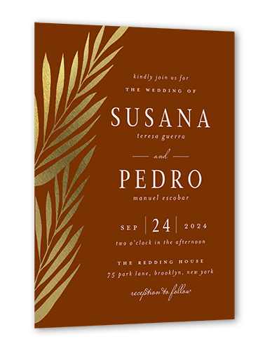 Brilliant Pampas Wedding Invitation, Brown, Gold Foil, 5x7, Luxe Double-Thick Cardstock, Square